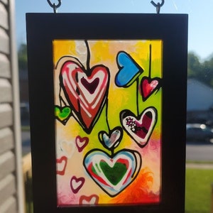 LITTLE HEARTS SUNCATCHER~stained glass painting, suncatcher, hearts decor, window art, housewarming gift, yellow glass, unique gift, art