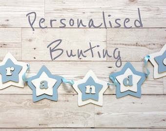 Personalised Bunting - Wooden Bunting - New Baby - Nursery Decor - Garland - Baby Boy - Baby Girl - Customised Bunting - Star Bunting
