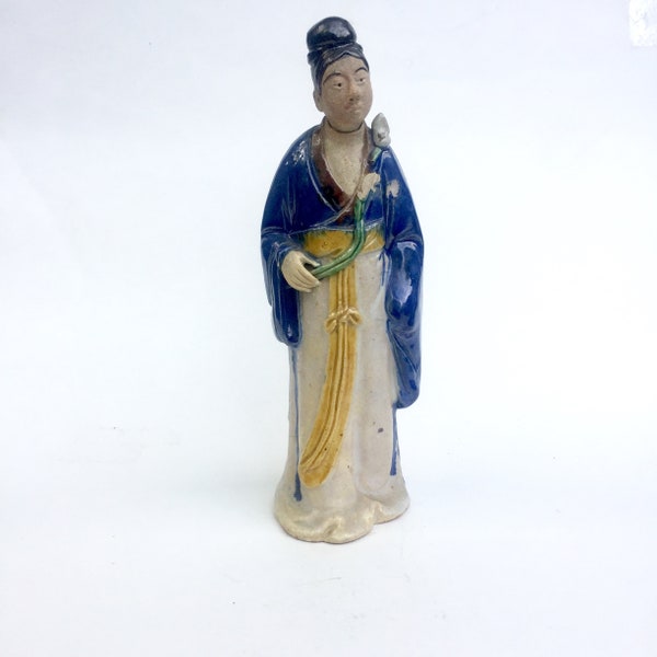 Mud WOMAN  & LOTUS - RARE - 7 1/2" - Pre-1890 - Chinese -  Sikwan - Clay Figurine - Southern China - Folkart - Collectible - Clay Scupture