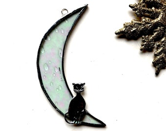 CAT in the Moon - Stained Glass Cat - Memory Cat Gift - Cat Suncatcher - Window Ornament - Cat Lover Gift - Christmas Gift - Stocking - MC-3