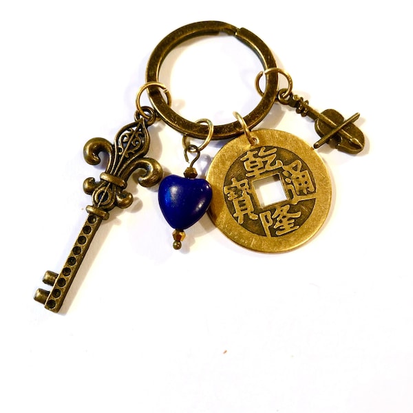 BLUE Heart - FRENCH KEY Ring - Fleur de Lys - Fiddle Key Ring - Coin Key Ring - Quebec Key Ring  - Quebec Gift - Gift for Him - KR27