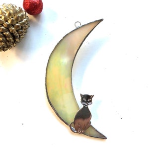 CAT in the MOON - Suncatcher - Shimmering Moon - Handmade - Window Ornament - Cat Lover&#39;s Gift - Mystical Cat Moon - Nursery Gift - MCSM