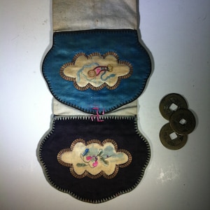 Vintage Chinese – Black and Blue Silk - Embroidered – Double Flap - Coin Purse – Traditional Motifs – Flowers and Coin