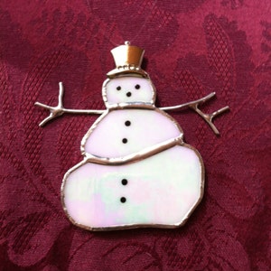 SNOWMAN - Suncatcher - Christmas Gift - Tree Ornament - Handcrafted Stained Glass - Translucent White – Stocking Stuffer  - Winter Window