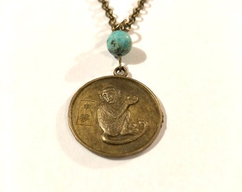 YEAR of the MONKEY - TURQUOISE - Chinese Zodiac - Monkey Pendant - Lunar New Year Gift - Zodiac Pendant Necklace - Asian Pendant - Z-8