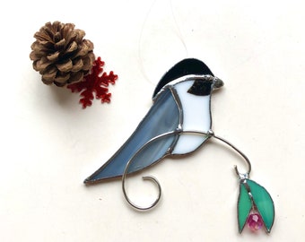 CHICKADEE - Handgemaakt - KERSTCADEAU - Glas-in-lood - Raamornament - Vogelliefhebber Cadeau - Vogelaar Cadeau - Cottage Gift C-3