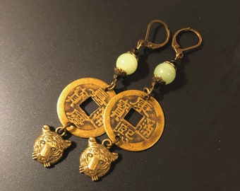 JADE TIGER Coin Earrings - Year of the Tiger - Coin Dangles - Chinese Zodiac Earrings - Lunar New Year - Brass Earrings - Jade Dangles  s176