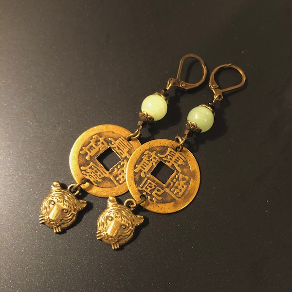 JADE TIGER Coin Earrings - Year of the Tiger - Coin Dangles - Chinese Zodiac Earrings - Lunar New Year - Brass Earrings - Jade Dangles  s176