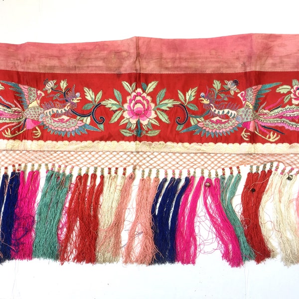 Double PHOENIX - 41" ALTAR Banner - VINTAGE Embroidery - Door God - Wall Hanging - Asian Deco- Good Luck - Housewarming - Wedding