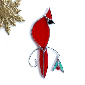 Red CARDINAL- SUNCATCHER - Handcrafted Stained Glass - Window Ornament  -  Decoration – Bird Lover&#39;s Delight - Christmas Gift - CD-15