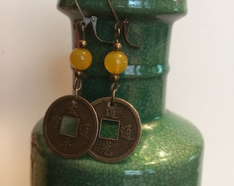 COIN Earrings - Chinese - Brass Replica - Yellow AGATE - BOHO Earrings - China Gift - Vintage Chinese - Mystical Birthstone September - Z-30