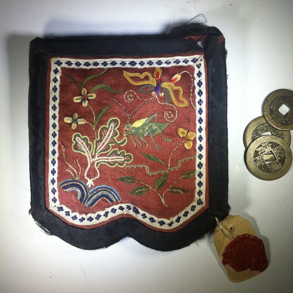 Vintage - Qing - Embroidered Flap Coin Purse – Brown and Black – Katydid, Cabbage and Butterfly –  Forbidden, Satin, Chain, Couching