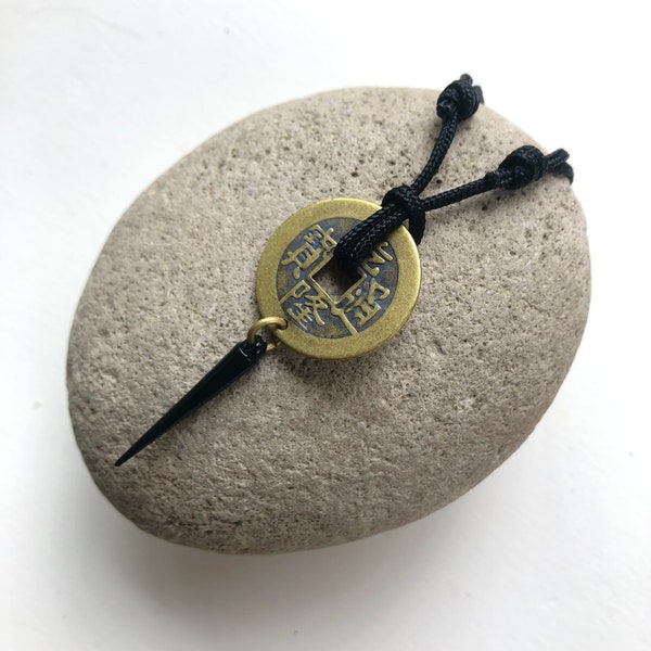 BLACK Spike Necklace - Adjustable to 28" - Goth Necklace - Unisex Coin Amulet - I-Ching Necklace - Meditation Necklace - Qian Long Coin -S73