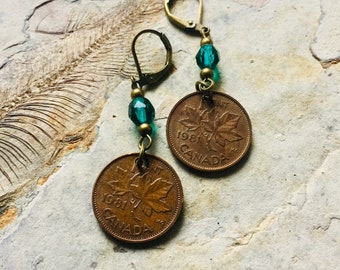 EMERALD Green - CANADIAN Penny - 1981 Earrings - Czech Glass Bead - DECEMBER Birthday - Nickel Free Lever Backs - Canadian Gift - C12