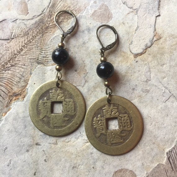 COIN Earrings Chinese BLACK and GOLD Good Fortune Replica Coins