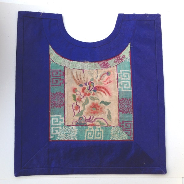 Child's BIB -  QING - China - SILK Embroidery - Peking Stitch – Bird and Flowers – Royal Blue Silk Border - Chinese Textile Art - Antique