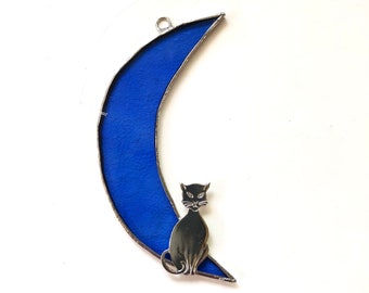 CAT in the Moon - Royal Blue Moon - Sun Catcher - MOTHER'S DAY Gift - Window Ornament - Cat Lover Gift