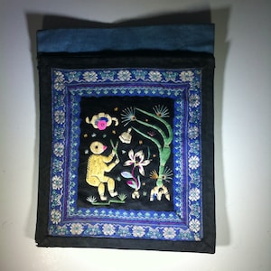 Vintage Chinese - Blue and Black - Embroidered Coin Purse – Bird Figure Motif - Satin and Long Stitch