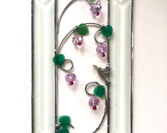 HUMMINGBIRD  Panel - Stained Glass - Window Ornament - PINK Crystal Flowers - Gardener's Window - MOTHER'S Day Gift - Birdwatcher Gift