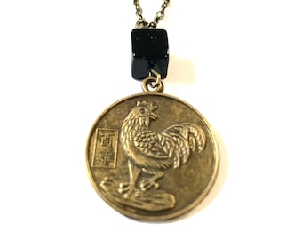 YEAR of the ROOSTER - OBSIDIAN Cube - Chinese Zodiac - Chinese New Year - Lunar New Year Gift - Rooster Necklace - Rooster Necklace - Z-1