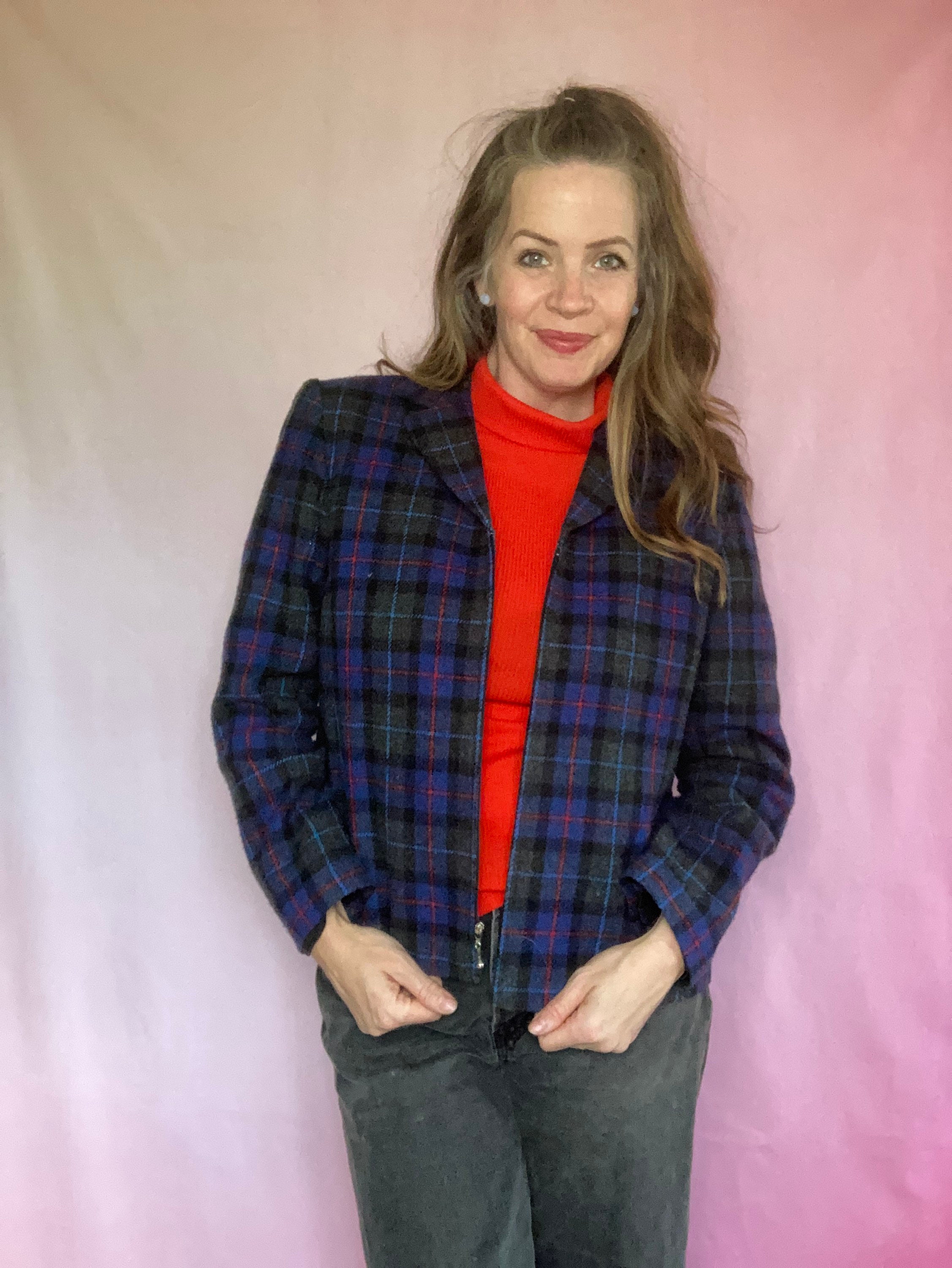 Vintage Black Plaid Blazer/ Joan Leslie 