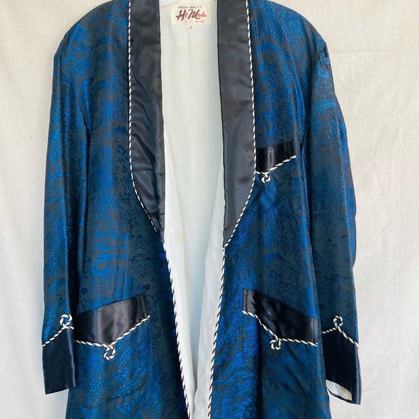 Vintage 1950s Hi-Mode Blue Smoking jacket Kimono Robe Made In Japan Size M