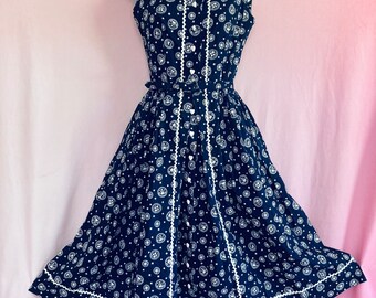 Vintage 70s Serbian swiss-ette navy & white heart prairie sun dress  size S/M / gunne sax dress