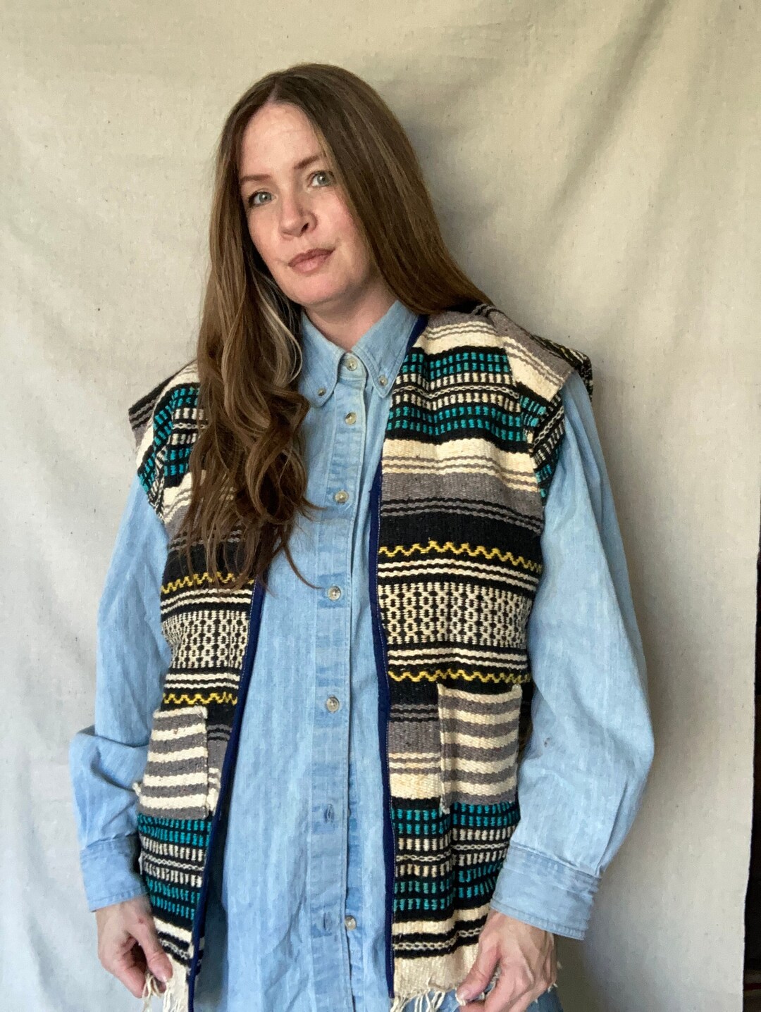 Vintage Mexican Blanket Vest Serape Woven Poncho Surfer Baja Biker Etsy