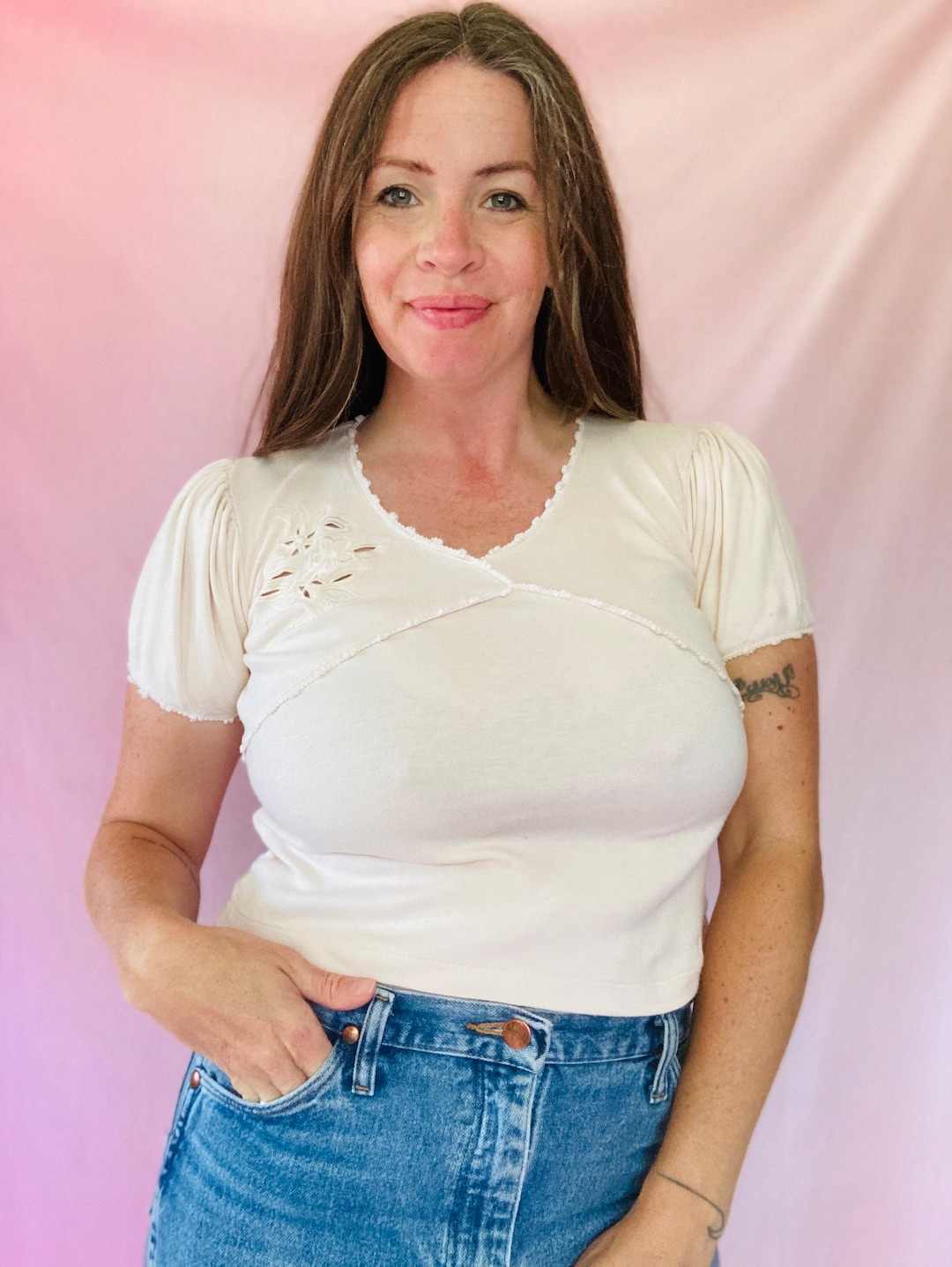 Vintage Crop Top Cream Floral Inlay by the Limited Size Small Etsy