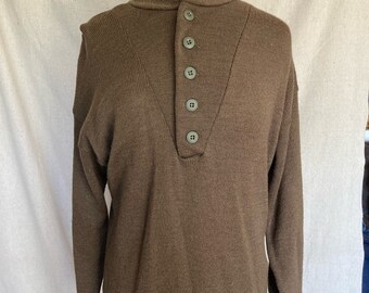 Vintage Brown Henley Military Wool sweater USA Made size XL