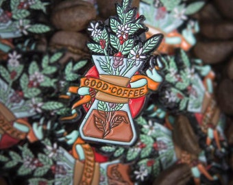Good Coffee Enamel Pin, Chemex with Flowers, Tattoo Style, Emo Badge