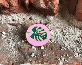 Tropics Enamel Pin, Tropical Monstera Leaf, Plant Lover Gift, Vibrant Pink Background, Small Badge
