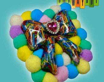 Bow and Pom Pom Candy Sprinkles  Rhinestone Collage Magnet