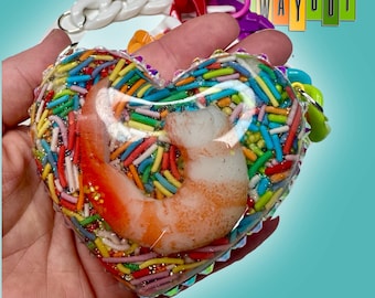 Faux Shrimp Heart Pendant with Rainbow Sprinkles on Rainbow Chain