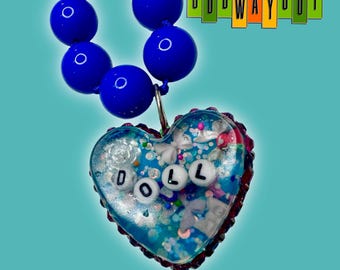Doll Rainbow Sprinkle Necklace With Blue Beaded Chain