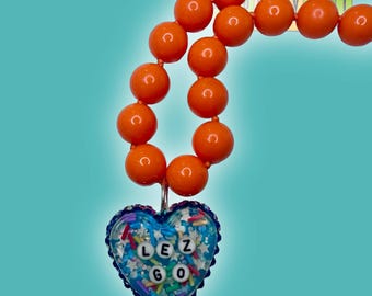 Lez Go! Rainbow Sprinkle Necklace With Orange Beaded Chain