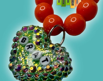 Brat Lime Green Heart Necklace With Orange Beaded Chain