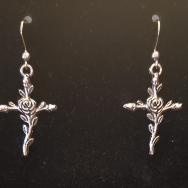 Antique Silver Rose Cross Earrings