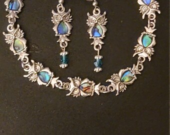 Silver Shell Owl Bracelet and Earring Set