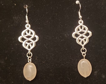 Genuine Rose Quartz and Silver Plated Swirl Earrings