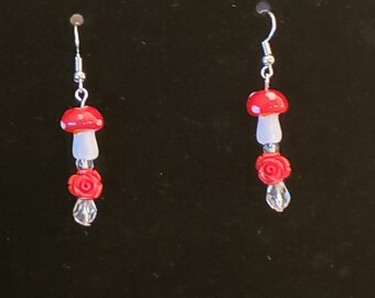 Red Mushroom and Rose Earrings