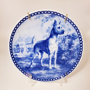 Delft-like Great Dane 8&quot; Plate with hanger - Tove Svendsen Porcelain Dog Plate from Denmark - Free Priority Shipping
