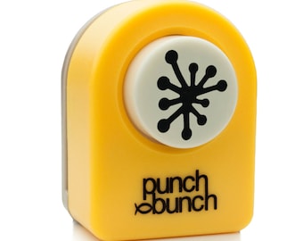 May include: Yellow punch tool with a white circle containing a black starburst design. The tool is labeled "punch bunch".