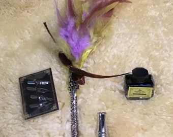 Feather quill pen, Gorgeous quill pen for all your magical writings. Cones with quill, quill hokder, ink and 5 tips. witch ink, witch pen