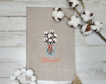 Cotton Blessed Guest Towel, Cotton Pickin Blessed Hand Towel, Cotton Boll Linen Towel, Personalized Embroidered Towel, Cotton Boll Decor