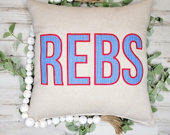 Rebs Pillow, Rebel Throw Pillow, Dorm Room Decor, Accent Pillow, Graduation Gift, Team Decor, Red and Blue