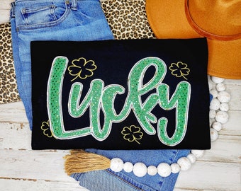 Lucky Shamrock Shirt, St. Patrick's Day T-Shirt, St. Patty's Day Tee, Irish Gifts, Women's Double Stacked Cursive Applique Tshirt