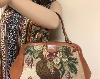 Paola Del Lungo Italian Leather Brown 1980&#39;s VINTAGE TAPESTRY Doctor Shoulder Bag RARE