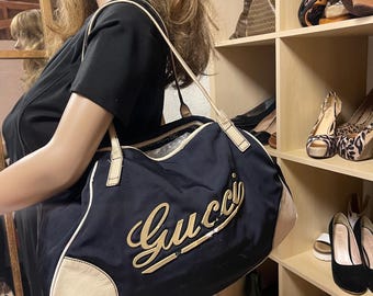Gucci Nylon Boulevard Signature Navy Blue Duffle Large Shoulder Bag
