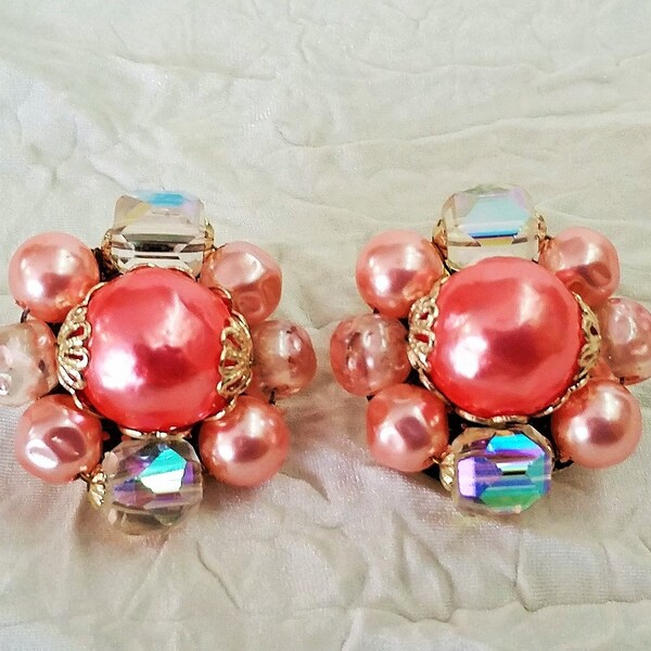 Pink Glass Pearl & AB Aurora Borealis Earrings, Golden Filigree, Clip On, Japan